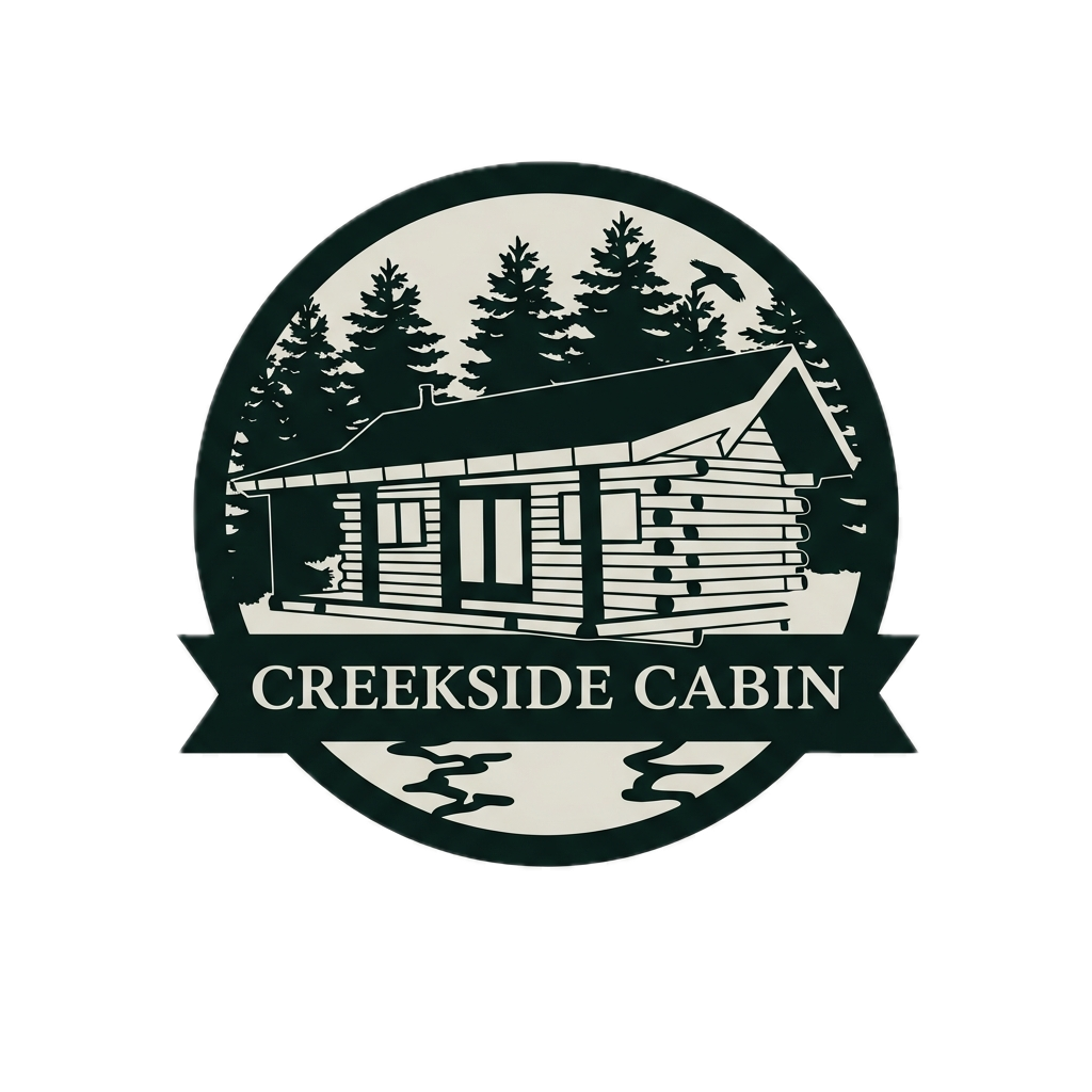 Generated_image S4QUGXO Background Removed Clara Creek Company, Creekside Cabin logo with a log cabin, trees, and water ripples. Text: "Creekside Cabin.